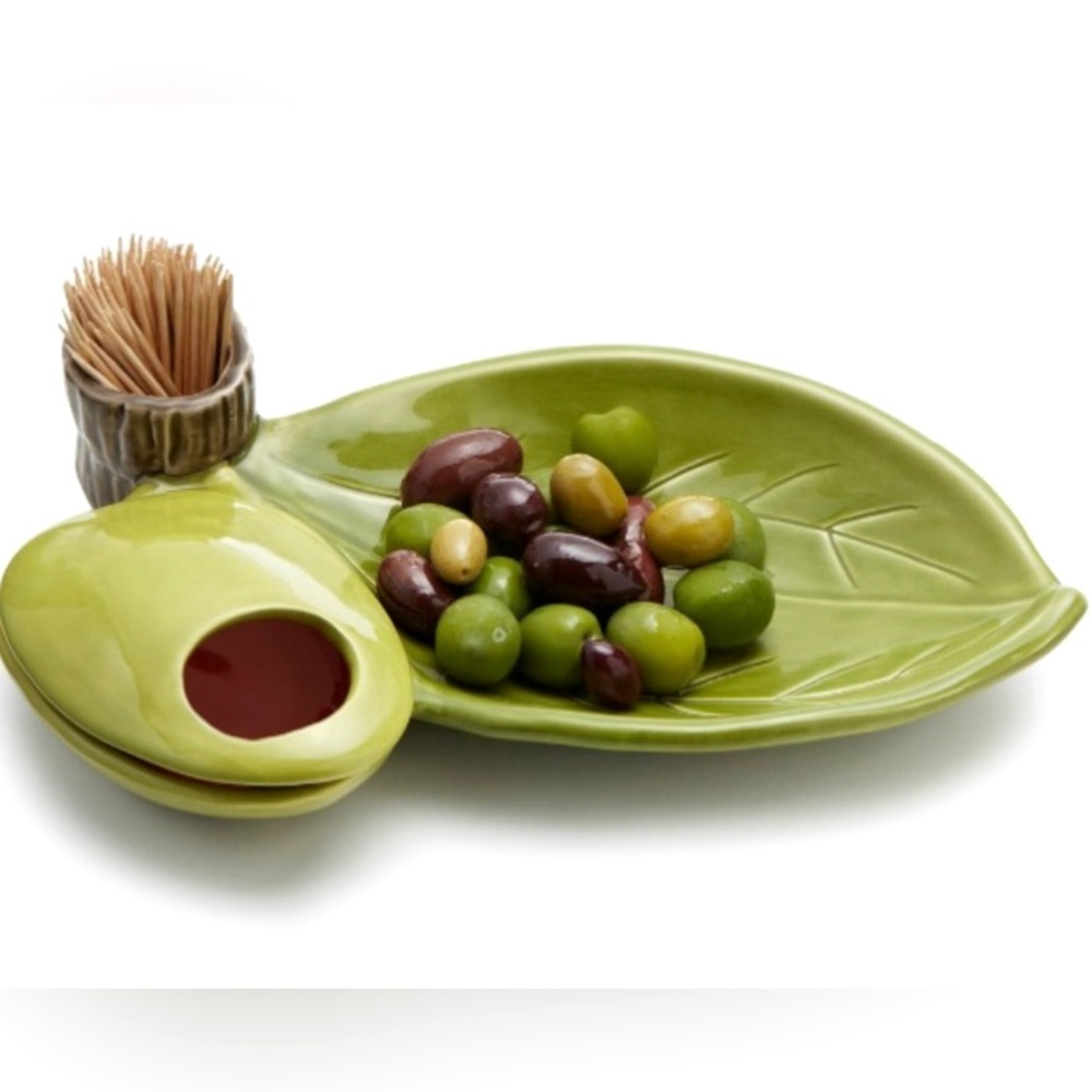 Elgen Arts Uncommon Goods Ceramic Leaf Design Olive Serving Dish